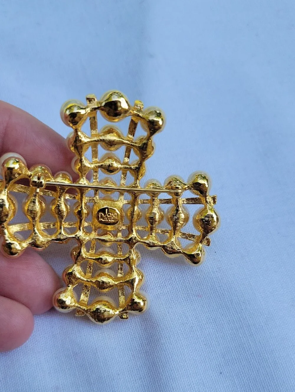 Vintage Joan Rivers Gold Tone Pearl Maltese Cross Brooch Faux Pearls